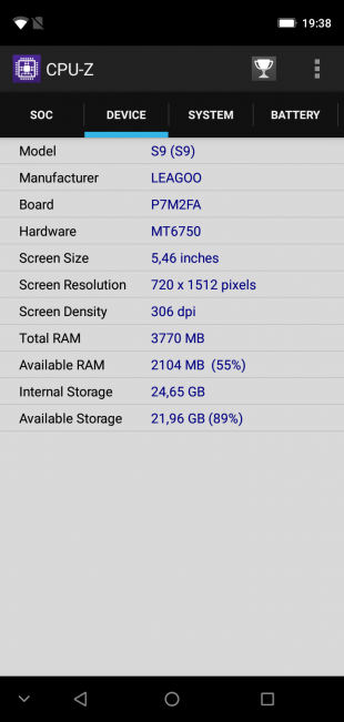 Обзор Leagoo S9: CPU-Z