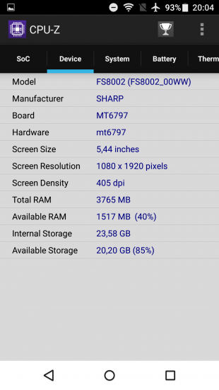 Sharp Z2: CPU-Z