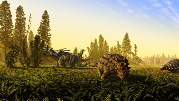 Динозавры позднего мелового периода – цератопс (слева), гадрозавр (на заднем плане), анкилозавры (центр и справа)
