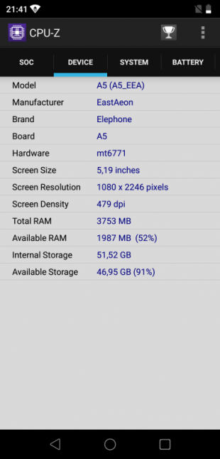 Elephone A5: CPU-Z (Device)