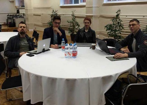 Слева направо: Николай Павловский, Александр Громов, Ренна Реэмет, Виталий Павлов. Coinfest 2015 в Таллинне, день объявления о запуске HashFlare.