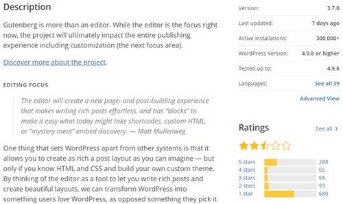Отзывы на редактор Gutenberg на WordPress org