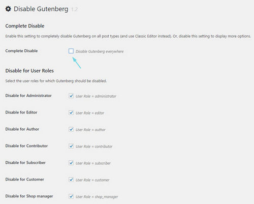 Опция complete disable в плагине Disable Gutenberg