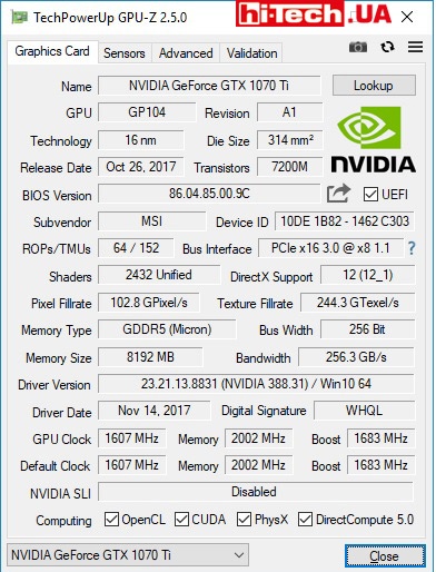 Характеристики MSI GeForce GTX 1070 Ti GAMING 8G (данные приложения GPU-Z)